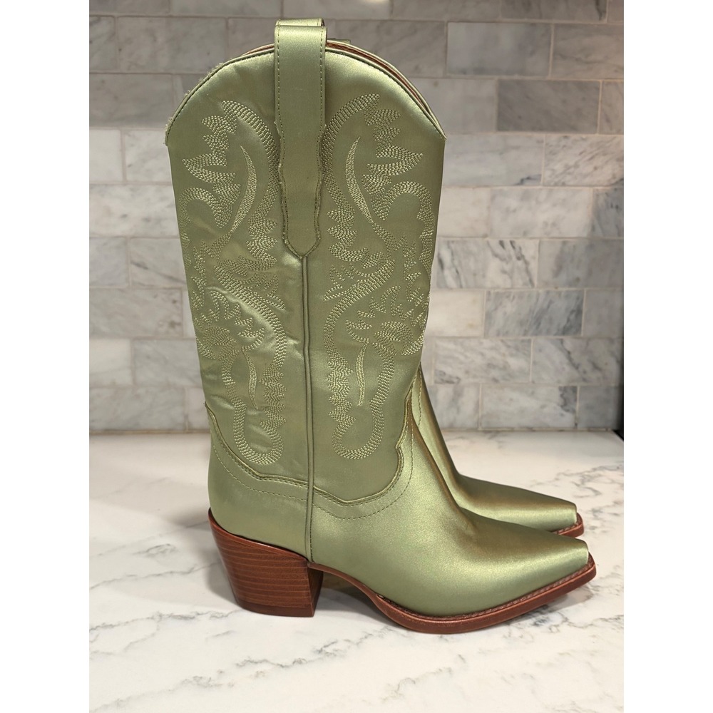 Jeffrey Campbell Dagget Western Boots Sage Green Satin Embroidered Cowboy Size 6